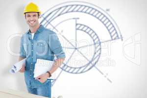 Composite image of happy carpenter holding rolled blueprint and