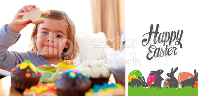 Composite image of happy little girl eating confectionery at hom
