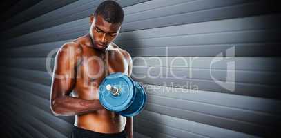 Composite image of determined fit shirtless young man lifting du