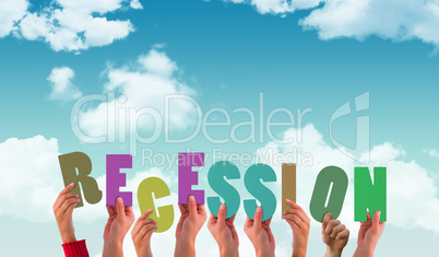 Composite image of hands holding up recession
