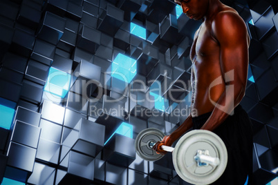 Composite image of determined fit shirtless young man lifting ba