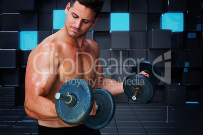 Composite image of bodybuilder lifting dumbbell