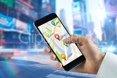 Composite image of man using map app on phone