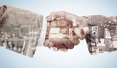 Composite image of side view of business peoples hands shaking