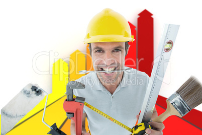 Composite image of happy worker with various equipment