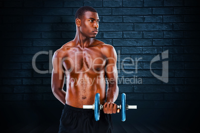 Composite image of serious fit shirtless young man lifting dumbb