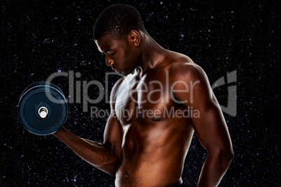 Composite image of serious fit shirtless young man lifting dumbb