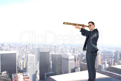 Composite image of businessman looking through telescope