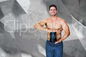 Composite image of bodybuilder with protein powder