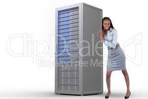 Composite image of portrait of a businesswoman pushing a panel