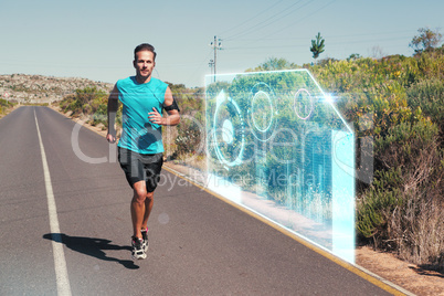 Composite image of athletic man jogging on open road