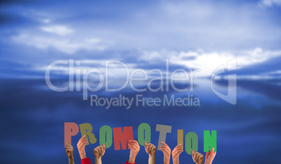 Composite image of hands holding up promotion