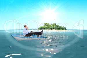 Composite image of businessman in boat with tablet pc