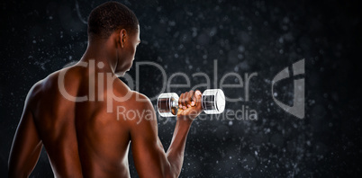 Composite image of rear view of a fit shirtless young man liftin