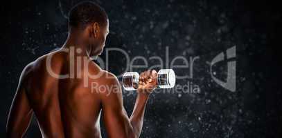 Composite image of rear view of a fit shirtless young man liftin