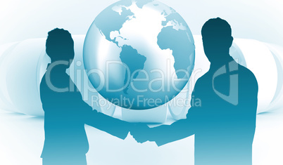 Composite image of smiling business people shaking hands while l