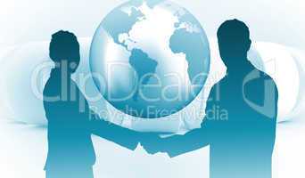 Composite image of smiling business people shaking hands while l