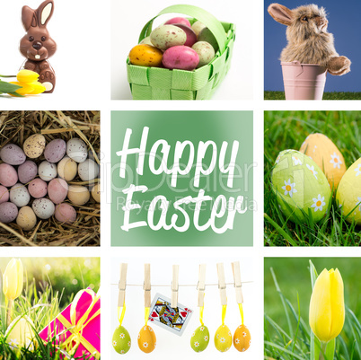 Composite image of speckled colourful easter eggs in a green wic