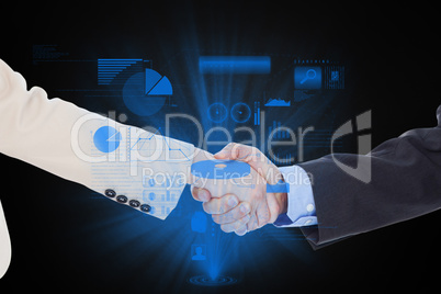 Composite image of smiling business people shaking hands while l