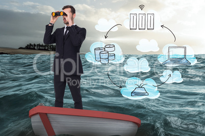 Composite image of businessman in boat with binoculars