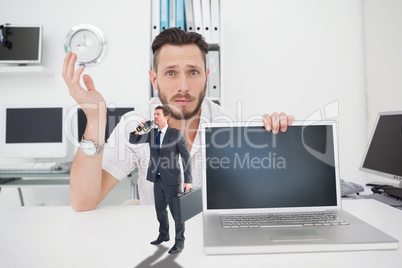 Composite image of businessman looking through binoculars