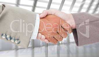 Composite image of side view of business peoples hands shaking