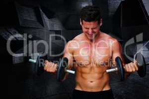 Composite image of bodybuilder lifting dumbbells