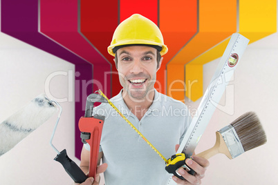 Composite image of portrait of happy worker holding various equi