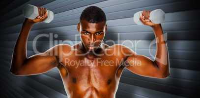 Composite image of determined fit shirtless man lifting dumbbell