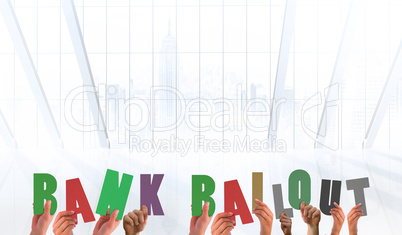 Composite image of hands holding up bank bailout