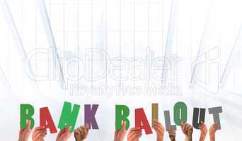 Composite image of hands holding up bank bailout