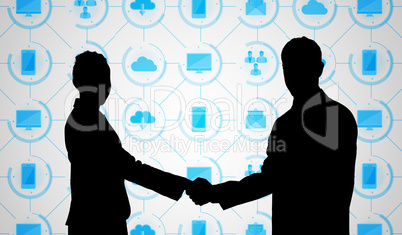 Composite image of smiling business people shaking hands while l