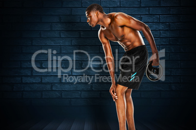 Composite image of shirtless fit young man holding barbell weigh