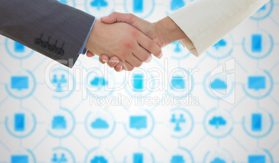 Composite image of shaking hands over eye glasses and diary afte