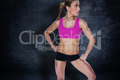 Composite image of female bodybuilder posing in sports bra and s