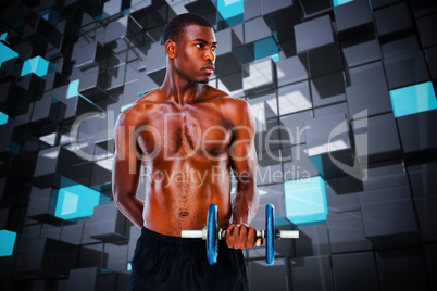 Composite image of serious fit shirtless young man lifting dumbb