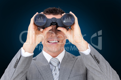 Composite image of businessman holding binoculars