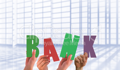 Composite image of hands holding up bank