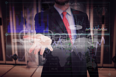 Composite image of businessman holding hand out in presentation