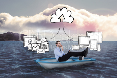 Composite image of businessman in boat with tablet pc