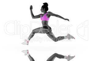 Composite image of fit brunette running and jumping