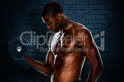 Composite image of serious fit shirtless young man lifting dumbb