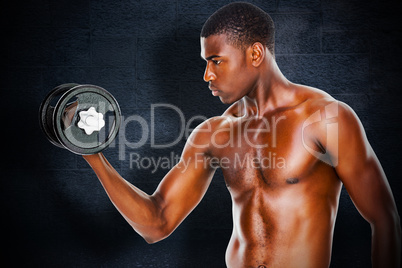 Composite image of serious fit shirtless young man lifting dumbb