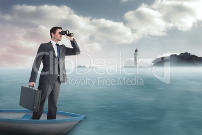 Composite image of businessman in boat with binoculars