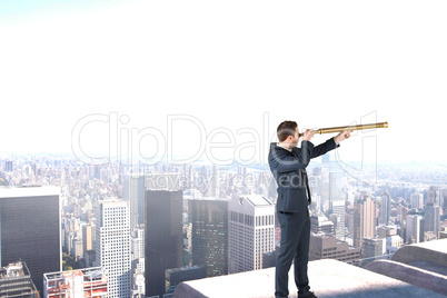 Composite image of businessman looking through telescope