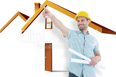 Composite image of male architect with blueprints pointing away