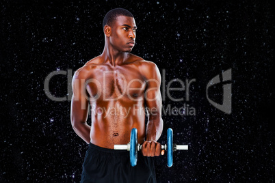 Composite image of serious fit shirtless young man lifting dumbb