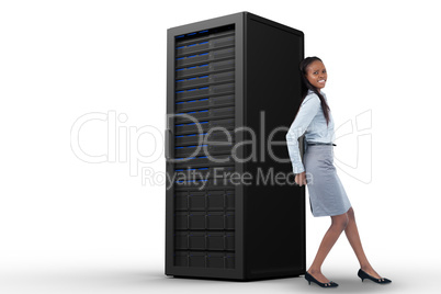 Composite image of portrait of a young businesswoman pushing a p