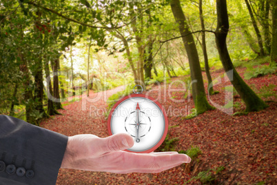 Composite image of businessman holding hand out in presentation