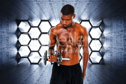 Composite image of serious fit shirtless young man lifting dumbb